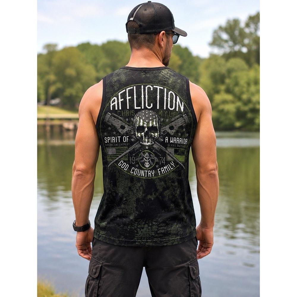Affliction Chris Kyle Tank Topβ Men's M Black Green Camo Skull American Sniper